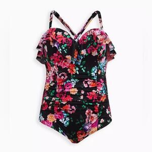 Torrid Black Floral Underwire Swim One Piece Swimsuit 3X D/DD NWT 16941461